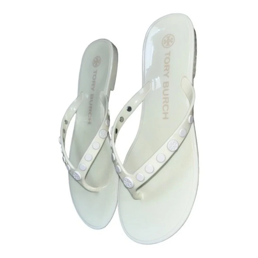Tory Burch Studded Logo Jelly Ivory White Thong Flip Flop Sandals Women's 7